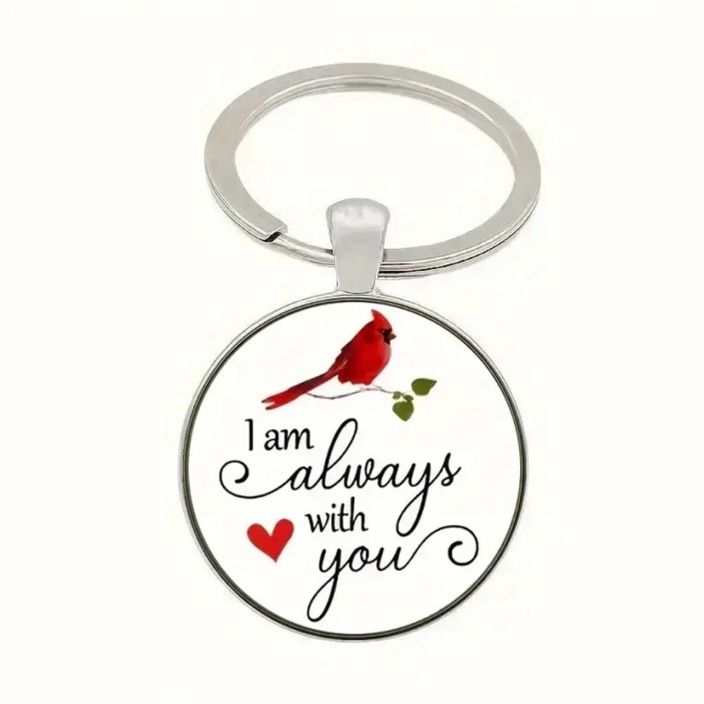 Red Cardinal Keychain with “I am always with you” phrase, NEW